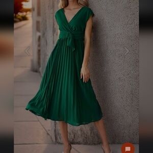 ChicWish Sash Adorned Pleated Wrap Dress Green